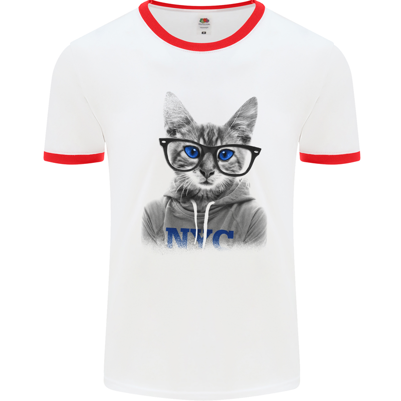 New York City Cat With Glasses Mens White Ringer T-Shirt White/Red