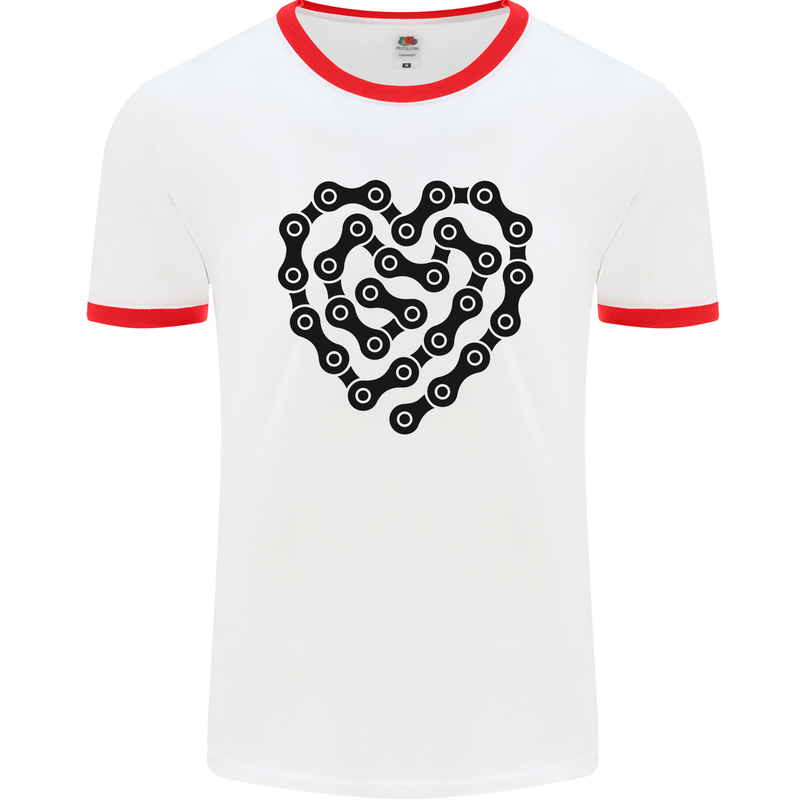 Heart Bike Chain Cycling Biker Motorbike Mens White Ringer T-Shirt White/Red