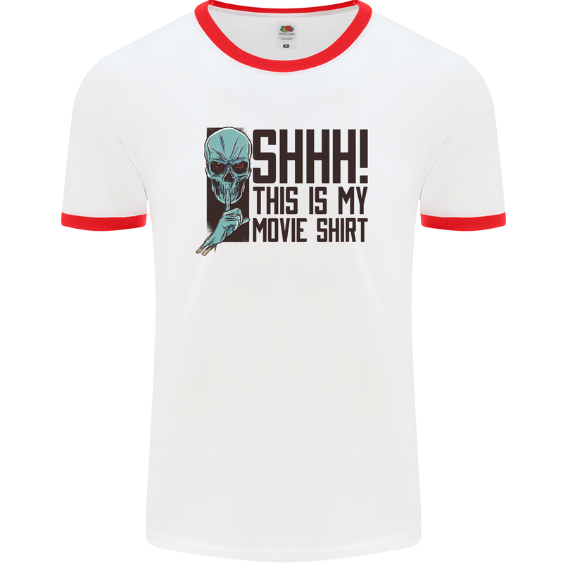 SHHH This Is My Movie T-Shirt Skull Horror Mens White Ringer T-Shirt White/Red