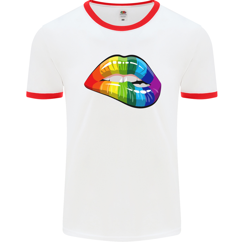 LGBT Bitten Lip Gay Pride Day Mens White Ringer T-Shirt White/Red