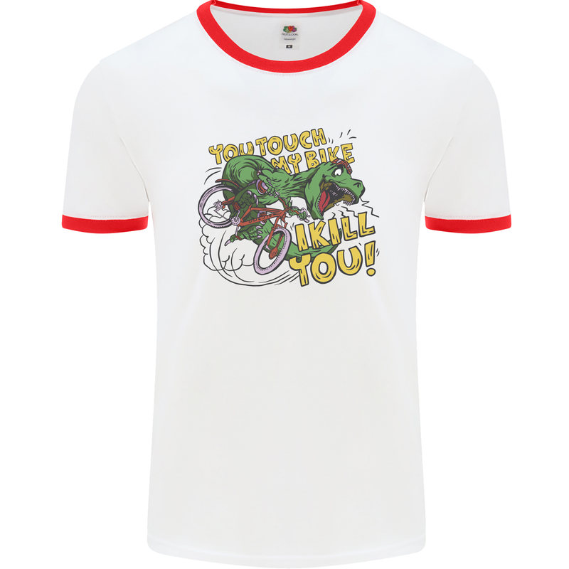 T-Rex Dinosaur Funny Cycling Cyclist Mens Ringer T-Shirt White/Red