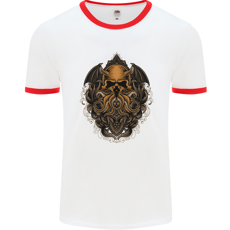 Cthulhu Octopus Kraken Devil Skull Demon Mens White Ringer T-Shirt White/Red