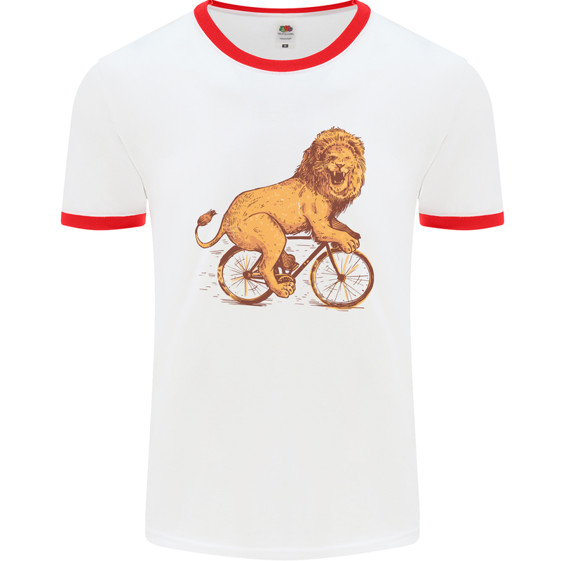 Cycling A Lion Riding a Bicycle Mens White Ringer T-Shirt White/Red