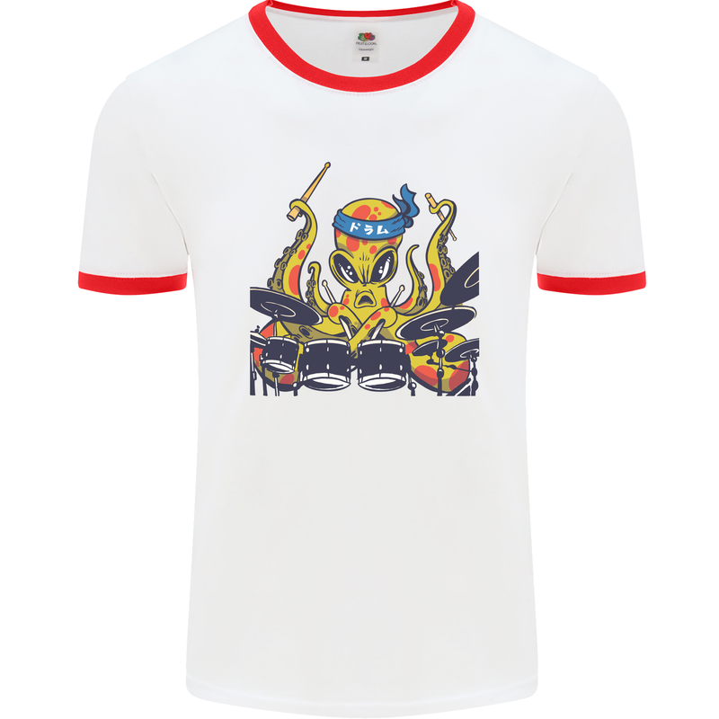 Octopus Drummer Drumming Drum Funny Mens White Ringer T-Shirt White/Red