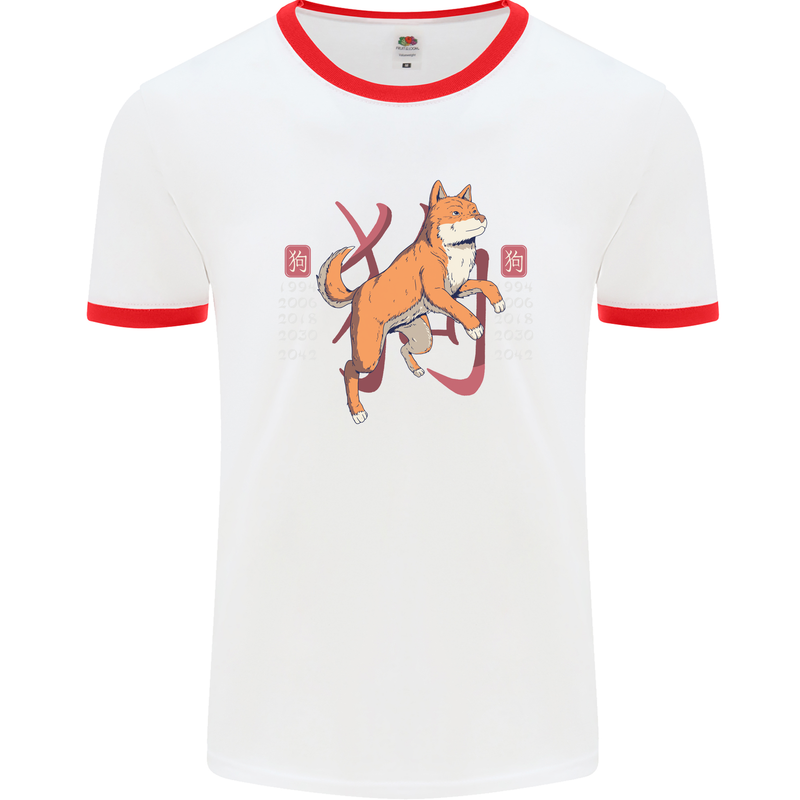 Chinese Zodiac Shengxiao Year of the Dog Mens White Ringer T-Shirt White/Red