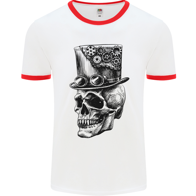 Steampunk Skull With Top Hat Mens White Ringer T-Shirt White/Red