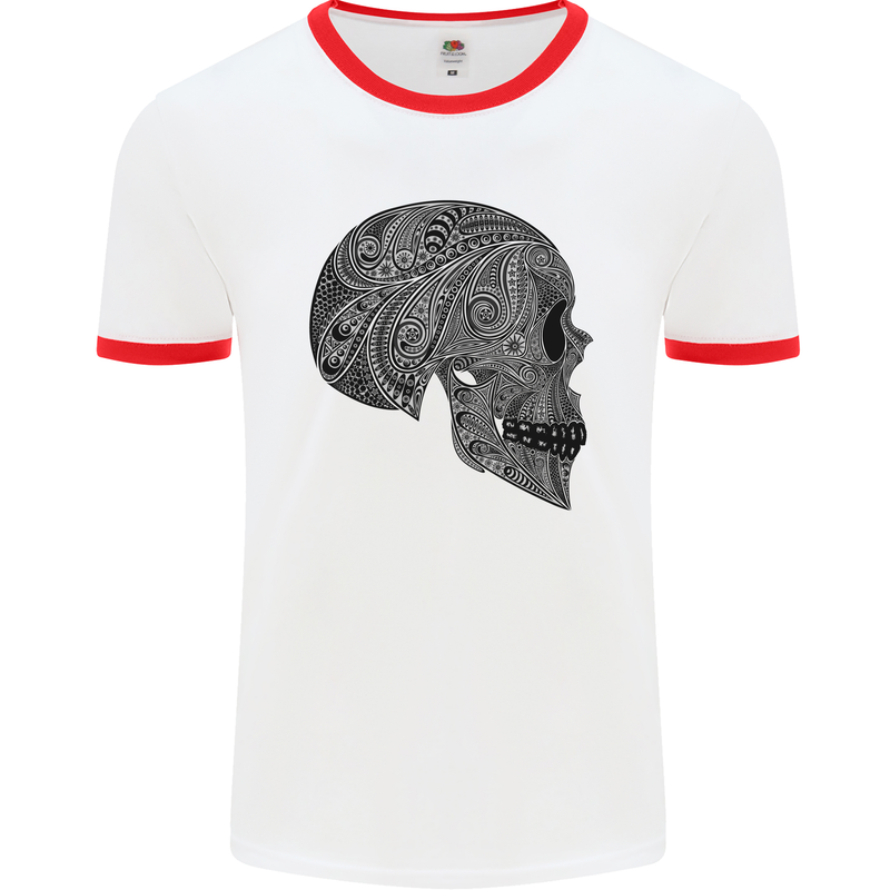 Mandala Skull Gothic Biker Motorbike Mens White Ringer T-Shirt White/Red