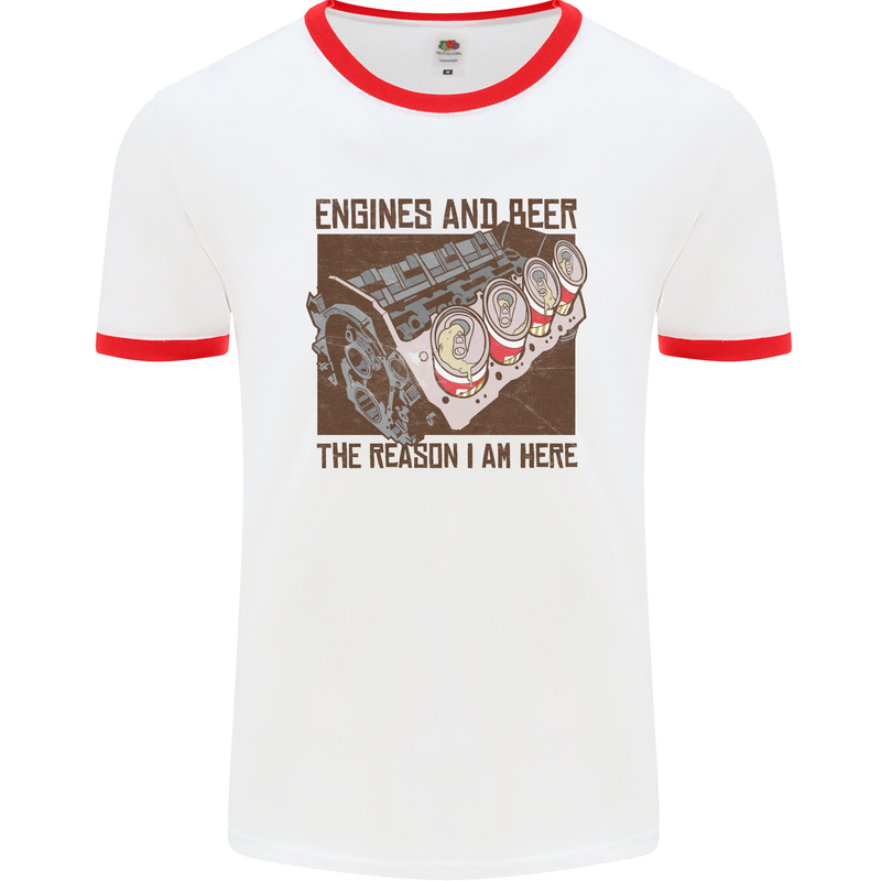 Engines & Beer Cars Hot Rod Mechanic Funny Mens White Ringer T-Shirt White/Red