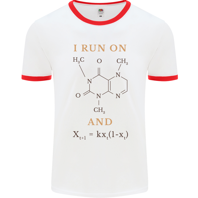 Coffee I Run On Caffeine and Chaos Funny Mens White Ringer T-Shirt White/Red