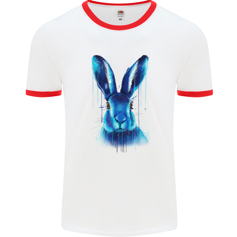 Rabbit Watercolour Mens White Ringer T-Shirt White/Red