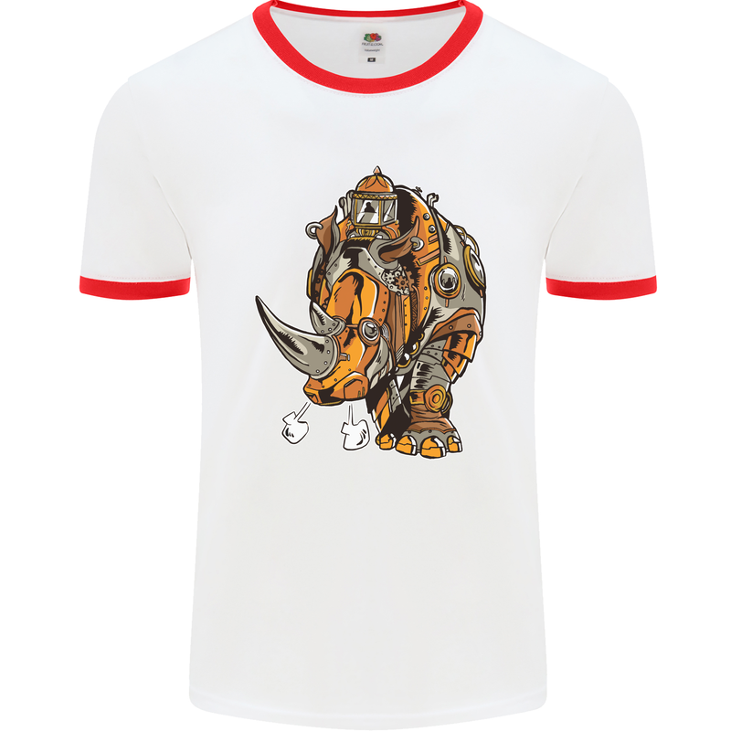 Steampunk Rhino Rhinoceros Mens White Ringer T-Shirt White/Red