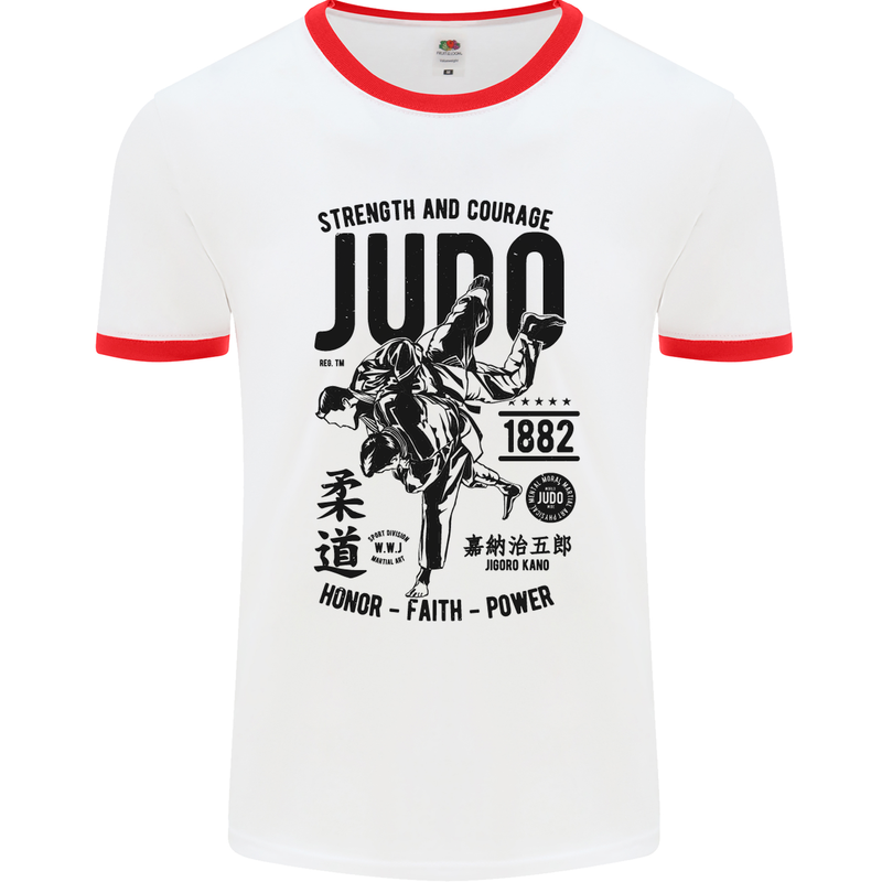 Judo Strength and Courage Martial Arts MMA Mens White Ringer T-Shirt White/Red