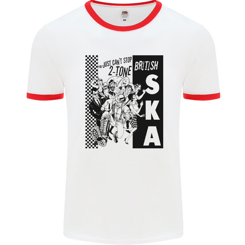 Can't Stop 2-Tone British SKA 2Tone Mens White Ringer T-Shirt White/Red