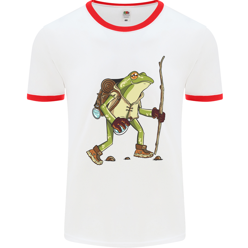 Trekking Hiking Rambling Frog Toad Funny Mens White Ringer T-Shirt White/Red