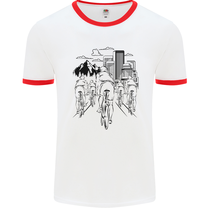 Bike Ride Cycling Cyclist Bicycle Road MTB Mens White Ringer T-Shirt White/Red