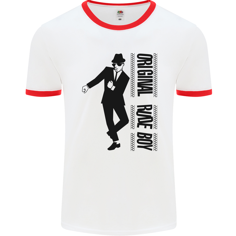Original Rude Boy 2Tone 2 Tone SKA Mens White Ringer T-Shirt White/Red