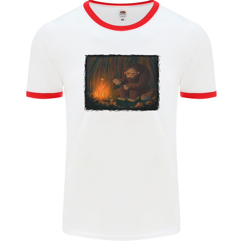 Bigfoot Camping and Cooking Marshmallows Mens White Ringer T-Shirt White/Red