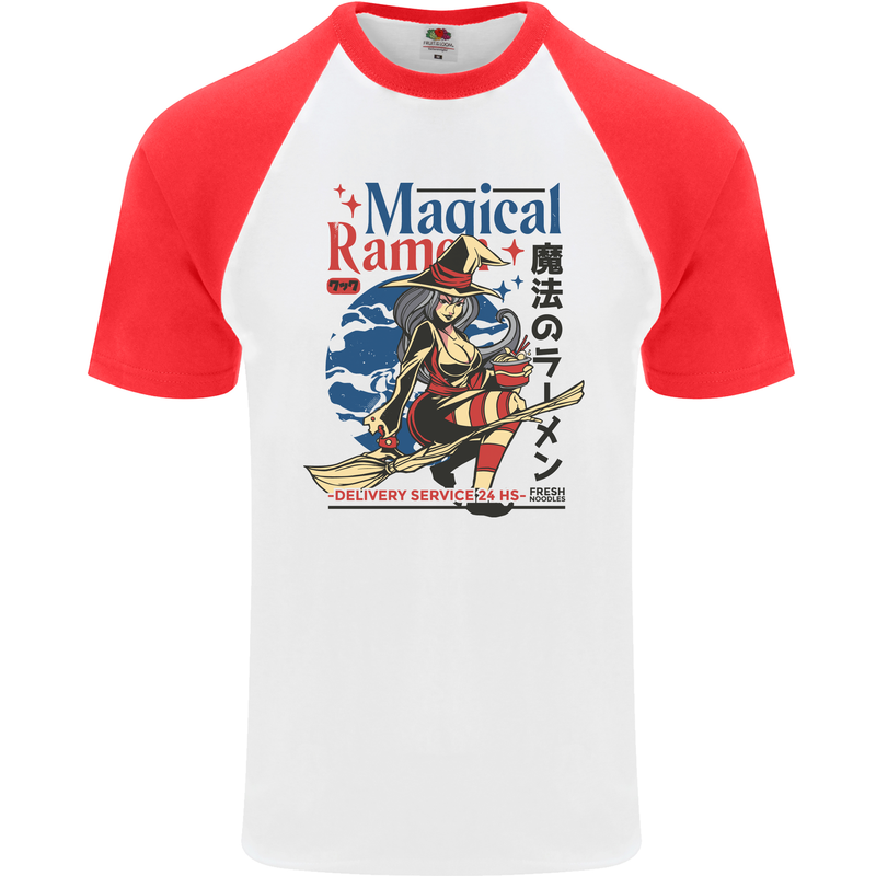 Magical Ramen Noodles Witch Halloween Mens S/S Baseball T-Shirt White/Red