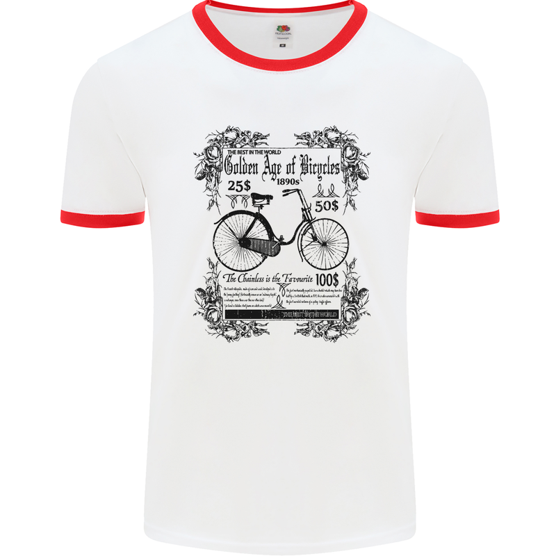 Golden Age of Bicycles Cycling Cyclist Mens White Ringer T-Shirt White/Red