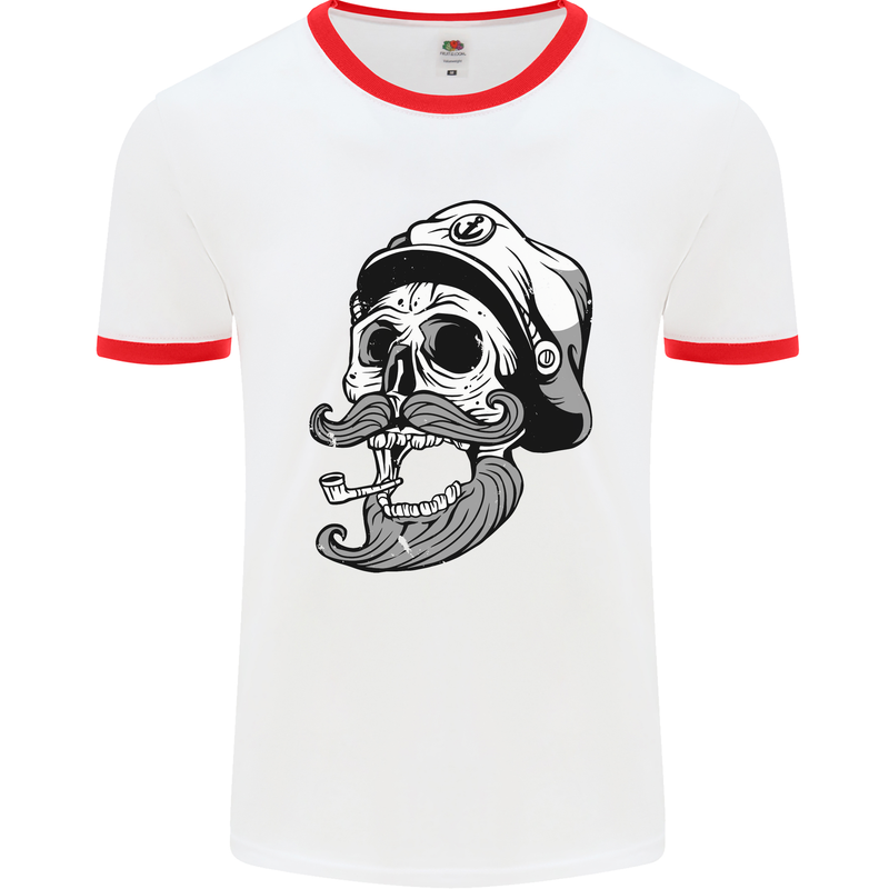 Old Sailor Skull Sailing Captain Mens White Ringer T-Shirt White/Red