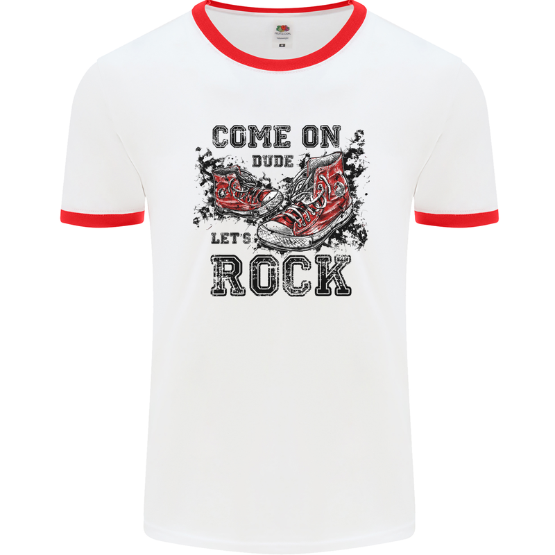 Come on Dude Let's Rock Trainers Mens White Ringer T-Shirt White/Red