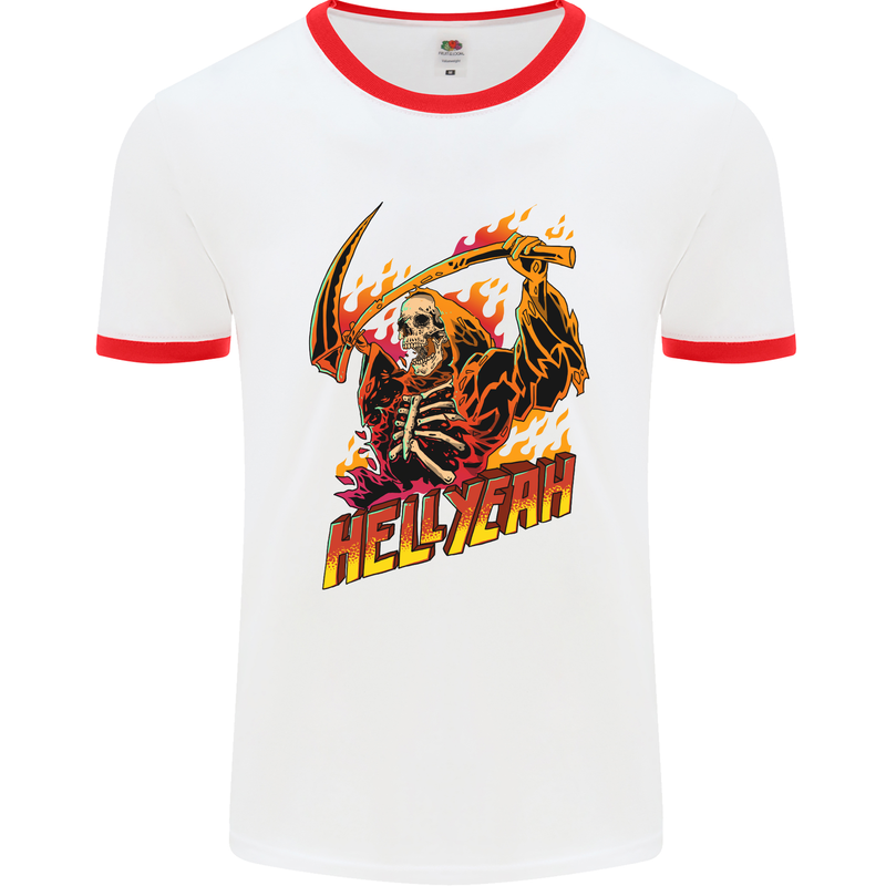 Hell Yeah Grim Reaper Skull Heavy Metal Mens White Ringer T-Shirt White/Red