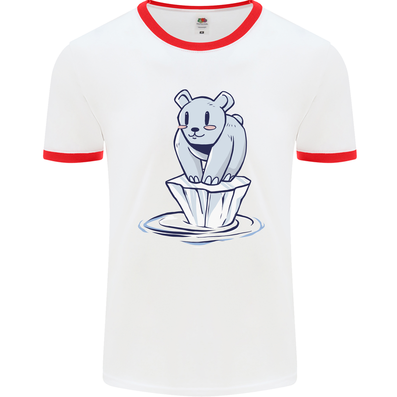 Floating Polar Bear Environment Climate Change Mens Ringer T-Shirt White/Red