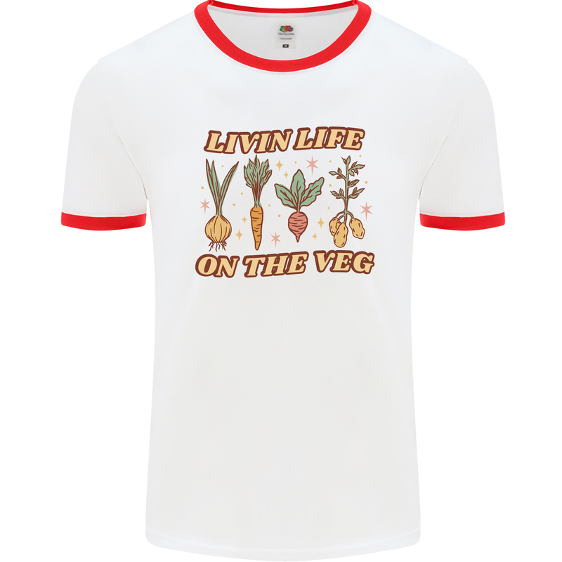 Vegan Living Life on the Veg Vegetarian Mens White Ringer T-Shirt White/Red