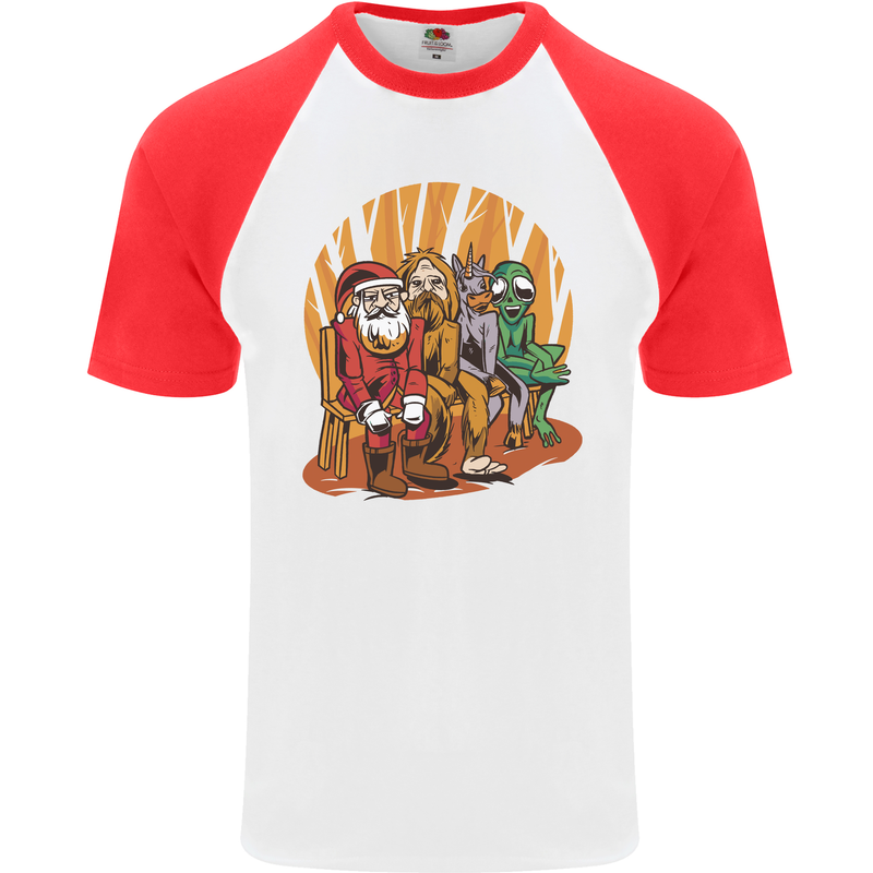 Christmas Santa Claus Bigfoot Unicorn Alien Mens S/S Baseball T-Shirt White/Red