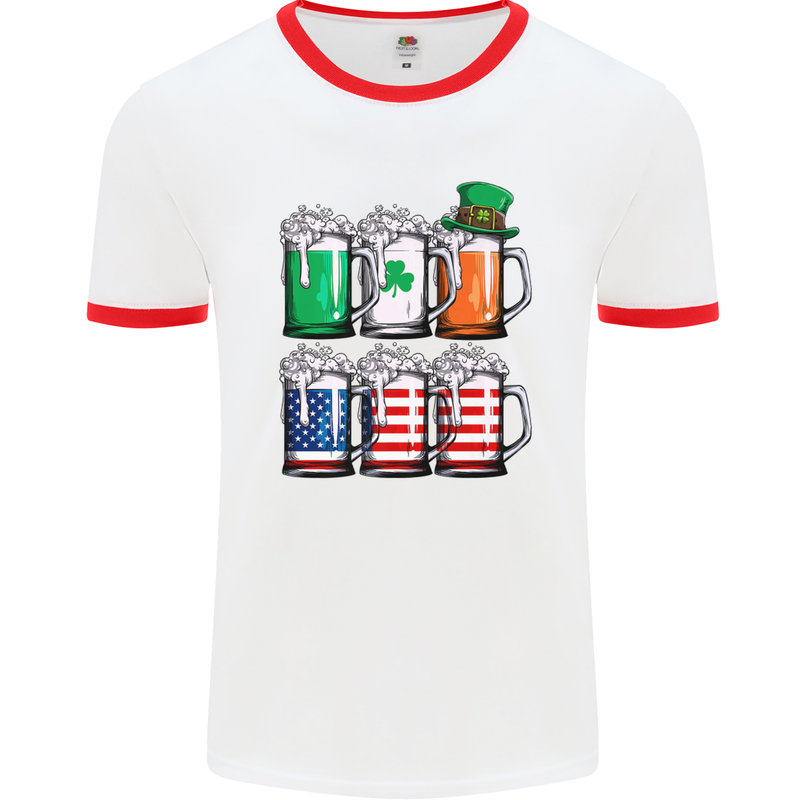 St Patricks Day Beer USA Irish American Mens White Ringer T-Shirt White/Red