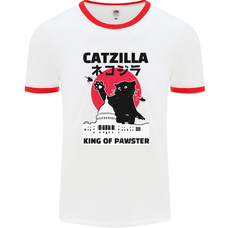 Catzilla Funny Cat Parody Mens White Ringer T-Shirt White/Red