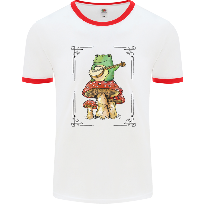 A Frog Playing the Guitar on a Toadstool Mens White Ringer T-Shirt White/Red