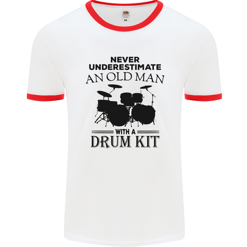 Old Man Drumming Drum Kit Drummer Funny Mens White Ringer T-Shirt White/Red