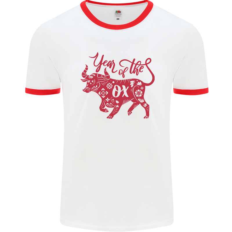 Chinese Zodiac Shengxiao Year of the Ox Mens White Ringer T-Shirt White/Red