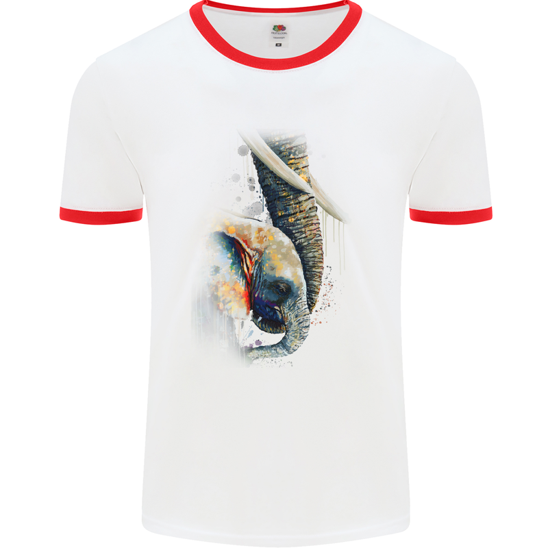 Elephant With Calf Baby Watercolour Mens White Ringer T-Shirt White/Red