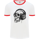 Skull Headphones Gothic Rock Music DJ Mens White Ringer T-Shirt White/Red