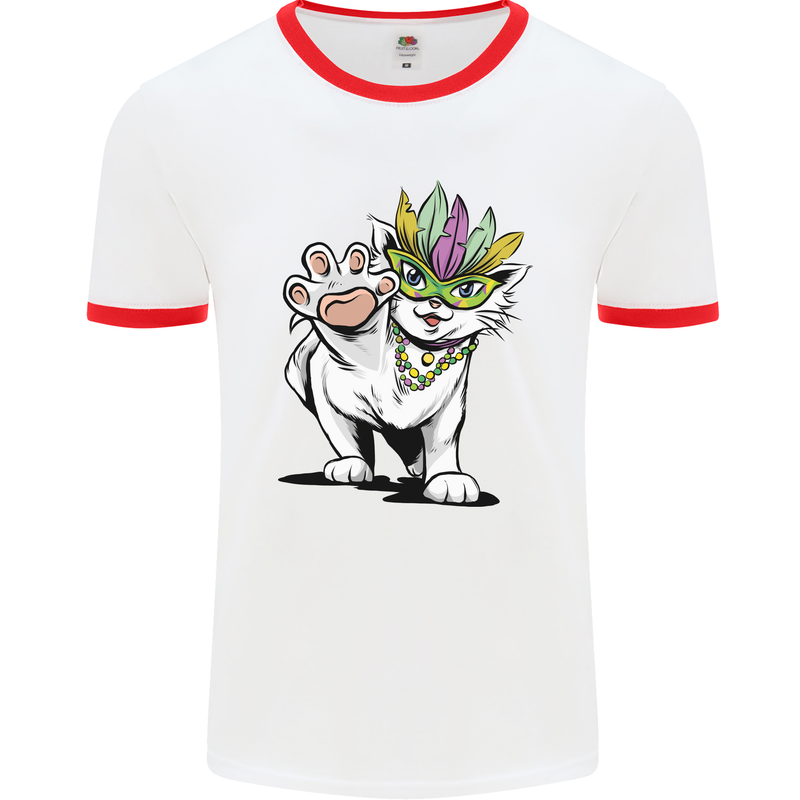 Mardi Gras Festival Cat Mens White Ringer T-Shirt White/Red