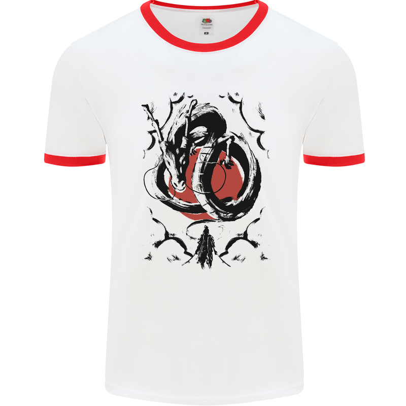 Samurai Warrior Dragon & Sun Fantasy MMA Mens Ringer T-Shirt White/Red