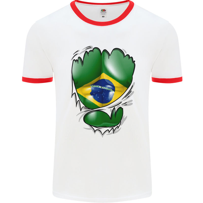 Gym Brazilian Flag Ripped Muscles Brazil Mens White Ringer T-Shirt White/Red