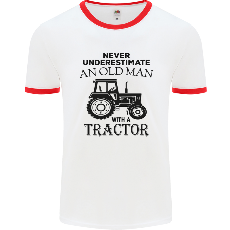 Old Man With a Tractor Driver Farmer Farm Mens White Ringer T-Shirt White/Red