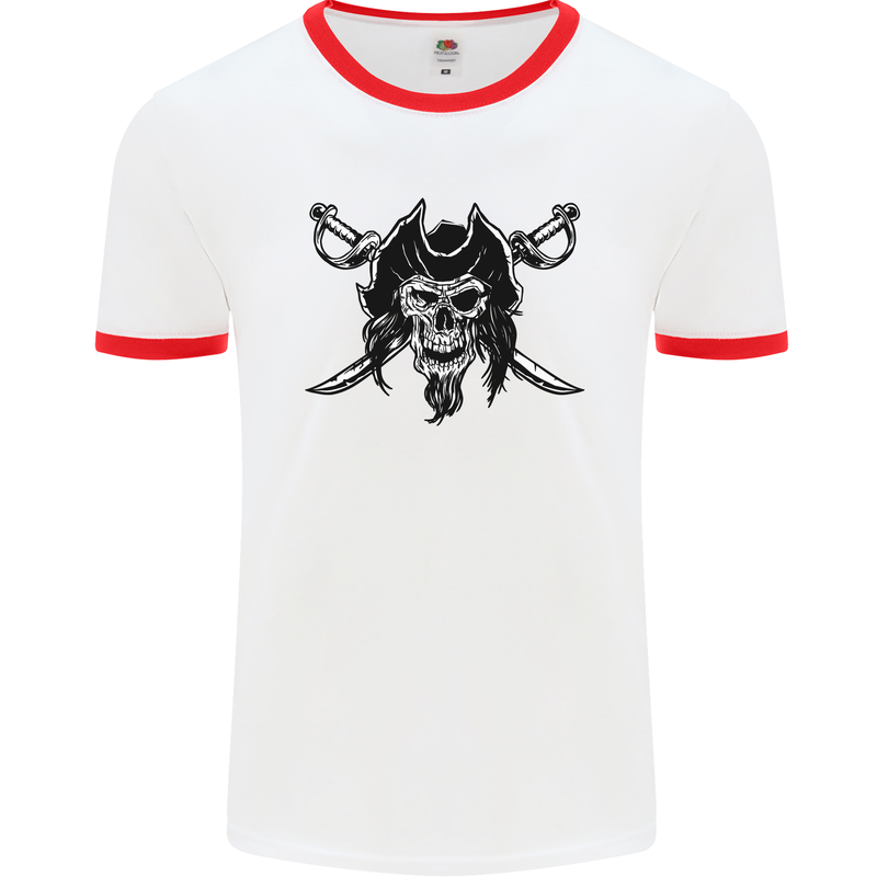 Pirate & Swords Skull Captain Jolly Roger Mens White Ringer T-Shirt White/Red