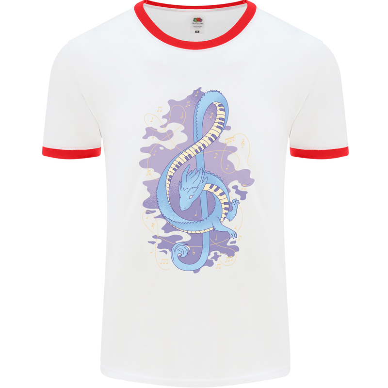 Musical Keyboard Dragon Mens White Ringer T-Shirt White/Red