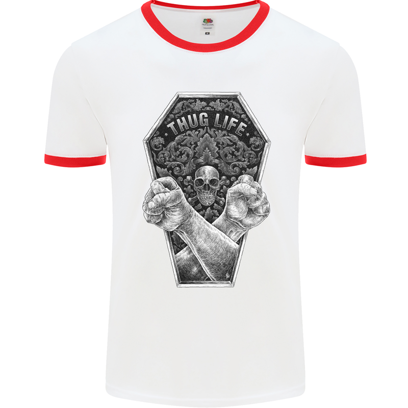 Thug Life Skulls Mens White Ringer T-Shirt White/Red