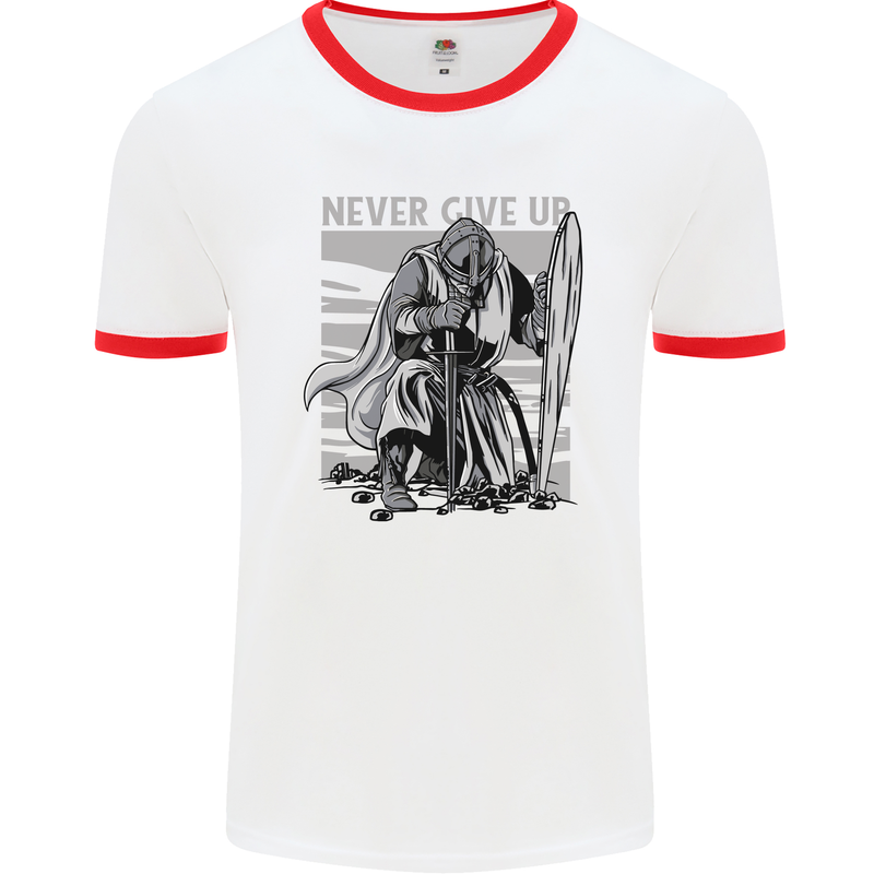 Teutonic Knight Never Give Up Crusader Gym Mens White Ringer T-Shirt White/Red