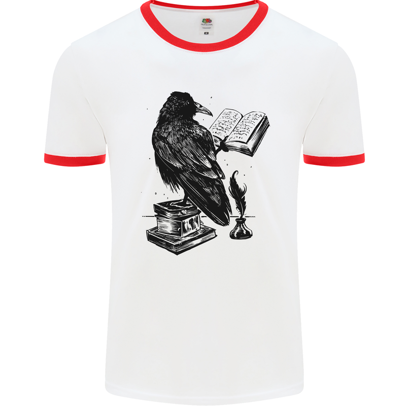 A Raven Reading a Book Literature Mens White Ringer T-Shirt White/Red