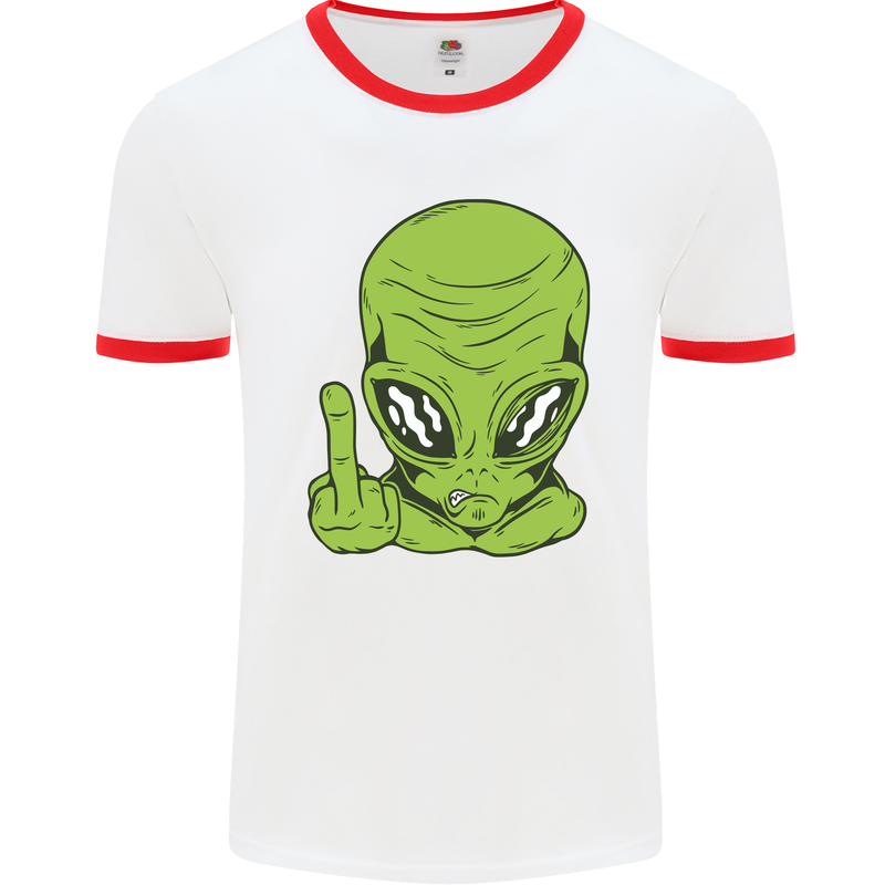 Angry Alien Finger Flip Funny Offensive Mens White Ringer T-Shirt White/Red