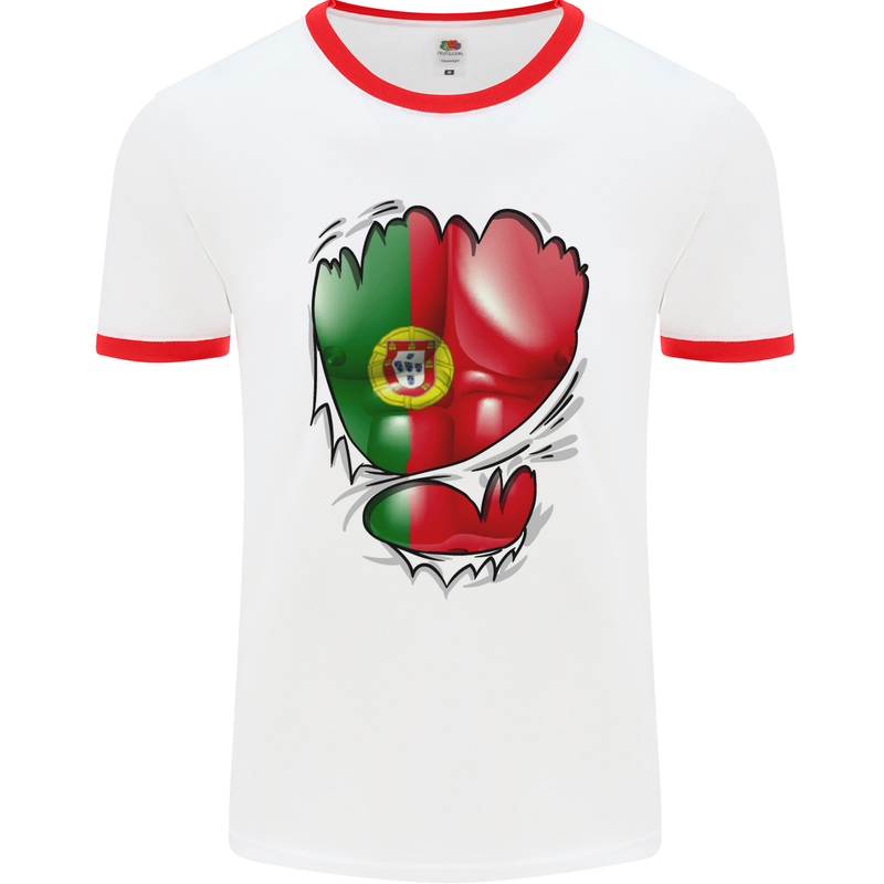 Gym Portuguese Flag Ripped Muscles Portugal Mens White Ringer T-Shirt White/Red