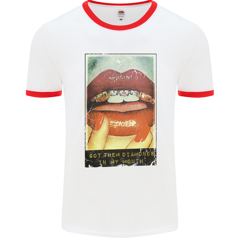 Got Them Diamonds in My Mouth Mens White Ringer T-Shirt White/Red