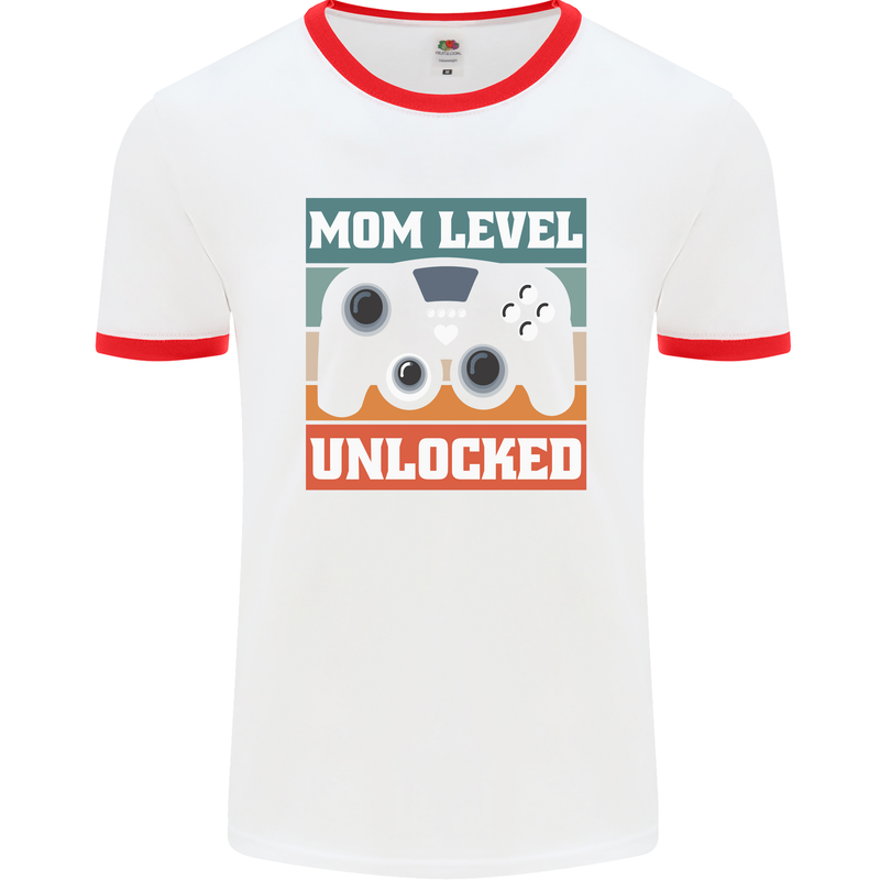 Mom Level Unlocked New Mommy Baby Born Mens White Ringer T-Shirt White/Red