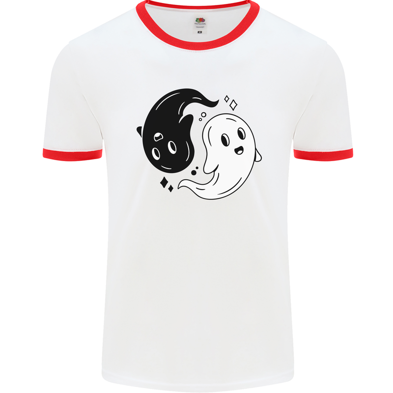 Funny Halloween Ying Yang Ghosts Mens White Ringer T-Shirt White/Red